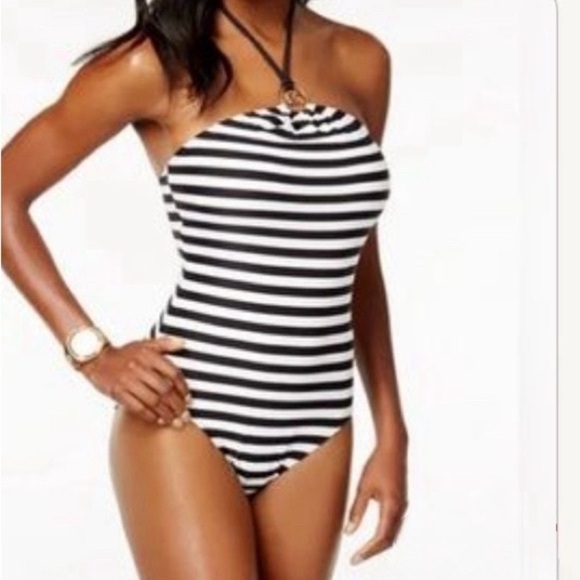 Michael Kors green & white striped halter top w/ gold emblem swimsuit size 8 - Picture 1 of 7